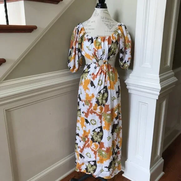 Faithful the Brand Trinita Maxi Dress Womens 2 Yellow White Floral Puff Sleeve